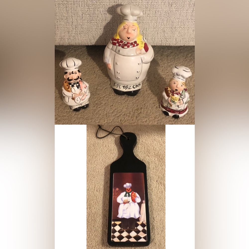 Chef set of Cookie Jar, Salt & Pepper Shakers, and 
Decorative Chef Wall Plaque